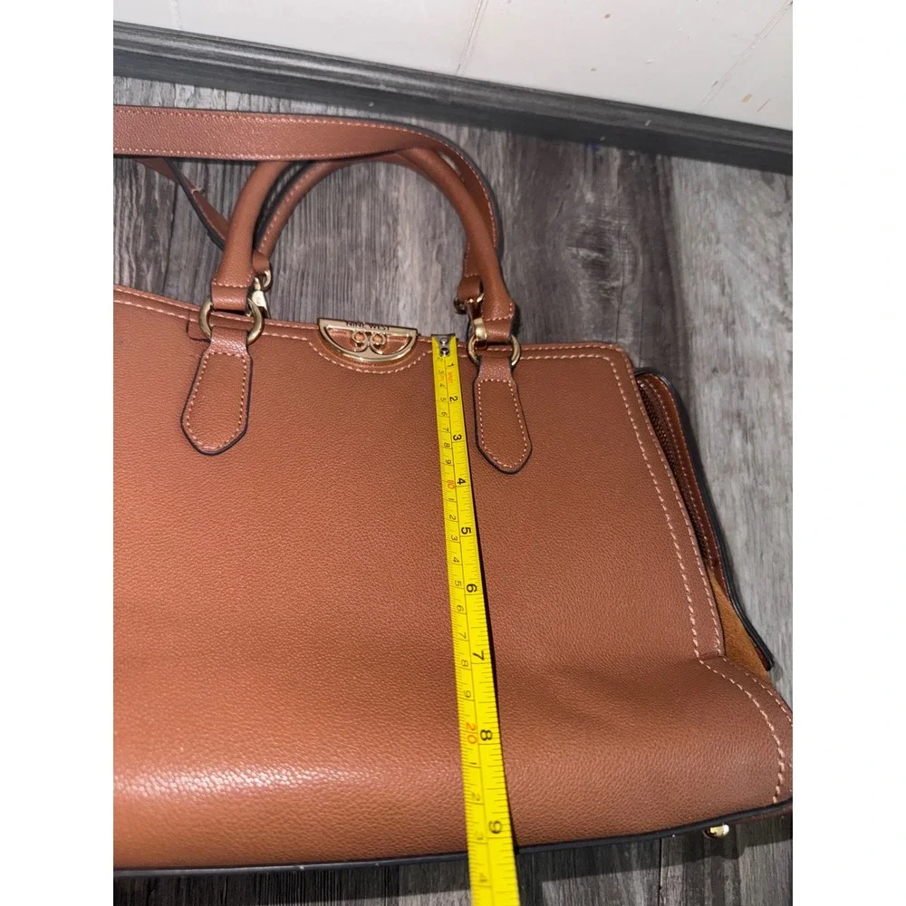 Nine West Cognac Brown Faux Leather Suede Trim Satchel Crossbody Handbag